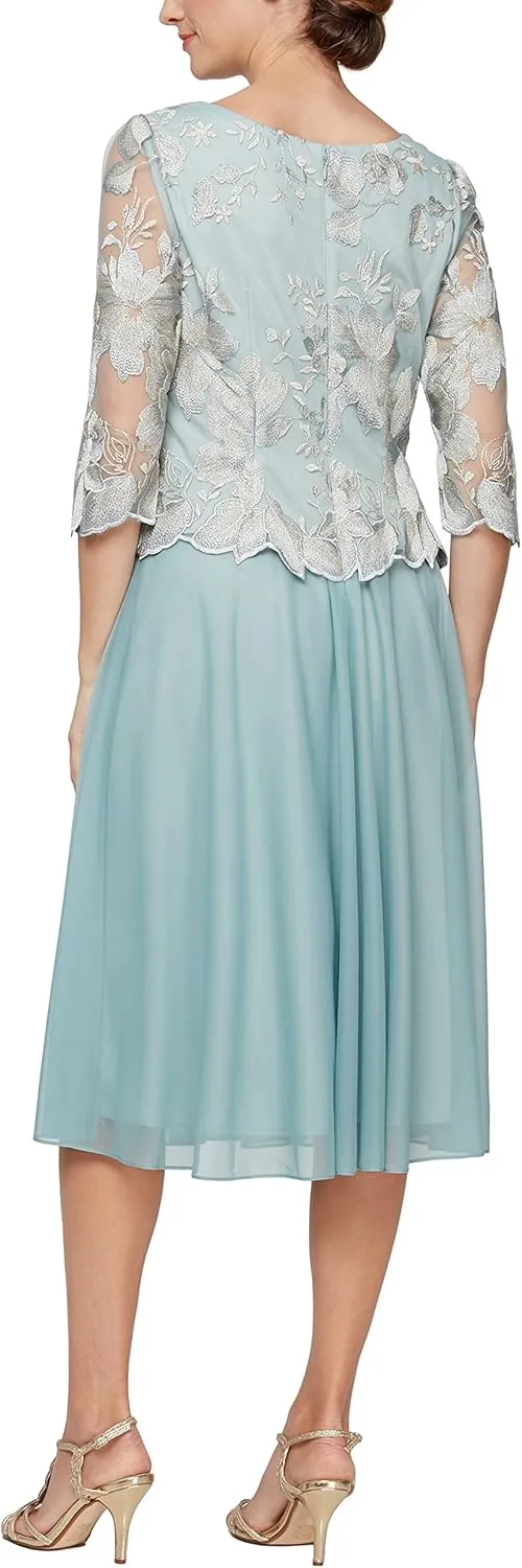 Alex Evenings Women's Tea Length Embroidered Bodice Mother of The Bride Gown, Wedding Guest Dress (Petite and Regular Sizes)