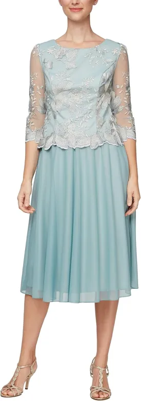 Alex Evenings Women's Tea Length Embroidered Bodice Mother of The Bride Gown, Wedding Guest Dress (Petite and Regular Sizes)