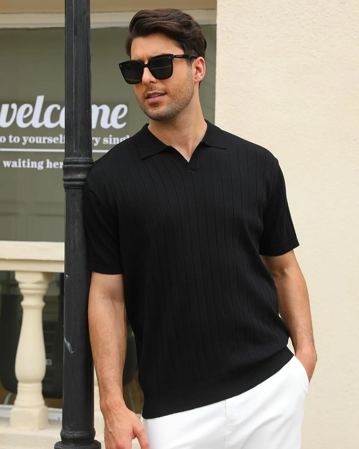 Alex Vando Mens Knit Polo Shirts Casual Short Sleeve Johnny Collar Golf Shirts
