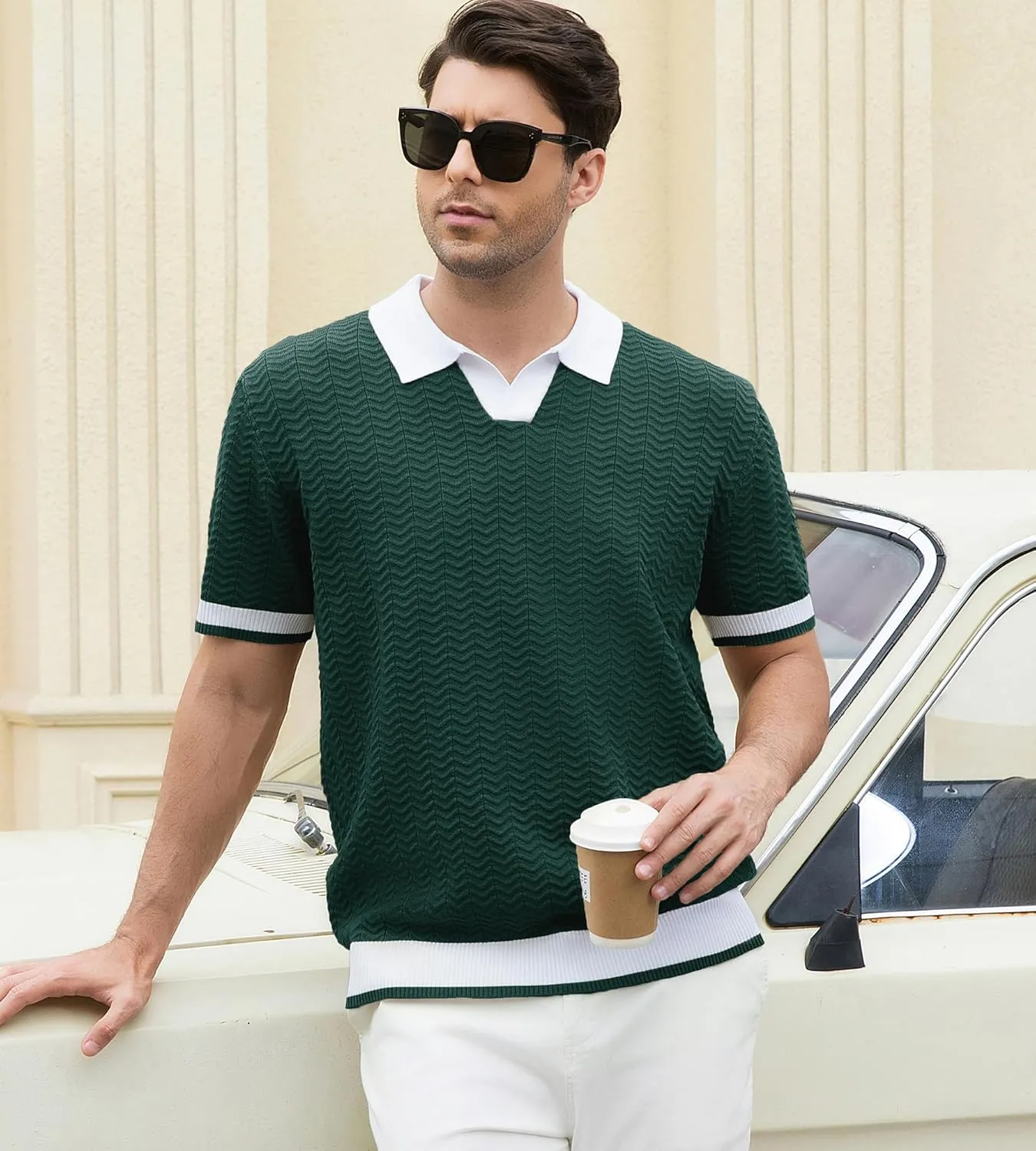 Alex Vando Mens Knit Polo Shirts Casual Short Sleeve Johnny Collar Golf Shirts