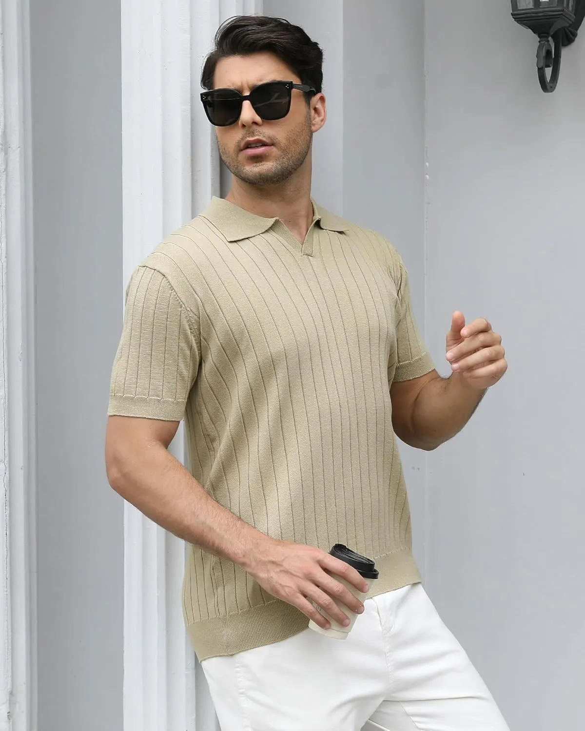 Alex Vando Mens Knit Polo Shirts Casual Short Sleeve Johnny Collar Golf Shirts