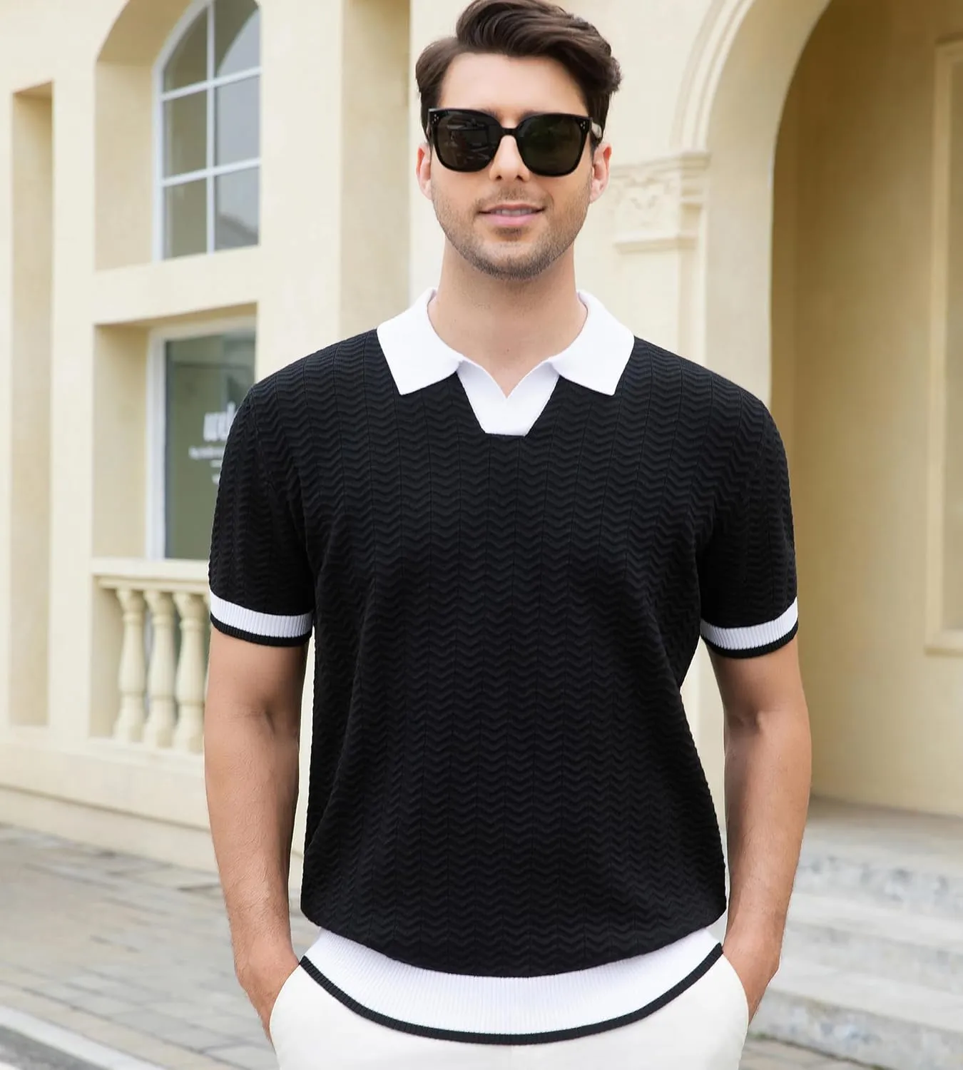 Alex Vando Mens Knit Polo Shirts Casual Short Sleeve Johnny Collar Golf Shirts