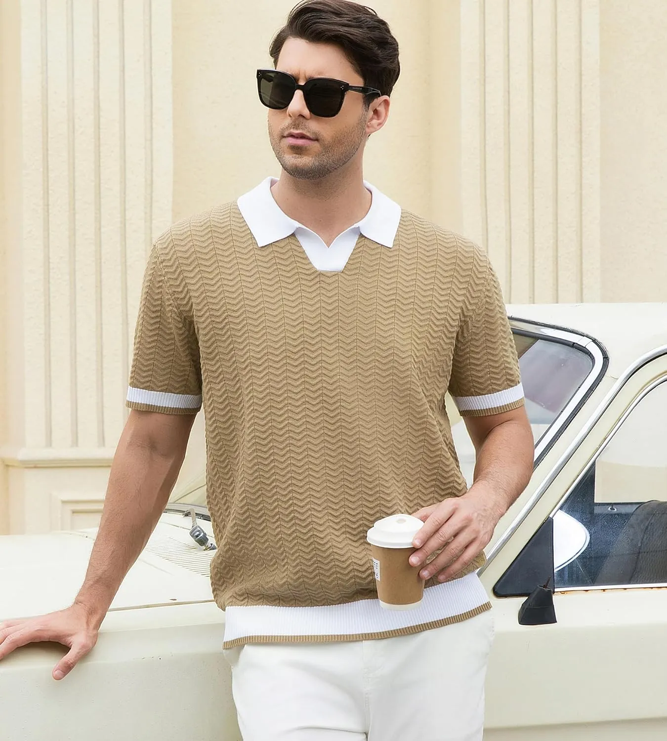 Alex Vando Mens Knit Polo Shirts Casual Short Sleeve Johnny Collar Golf Shirts
