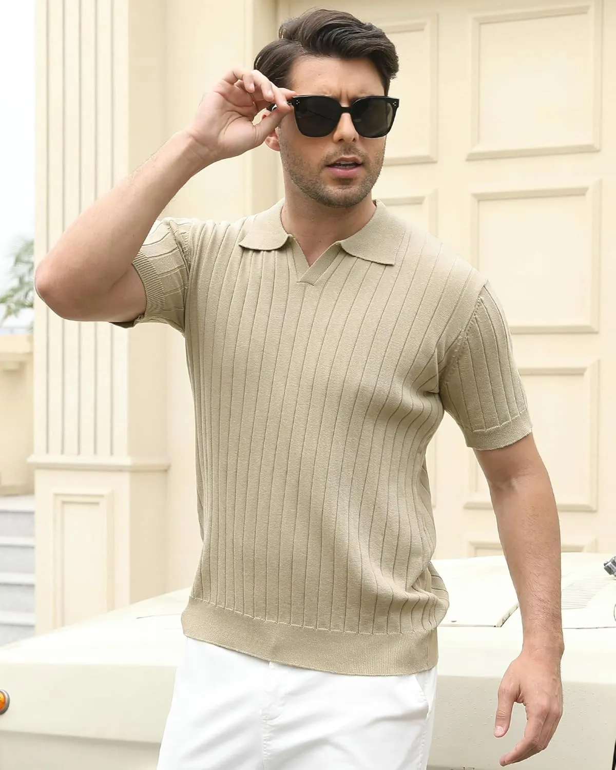 Alex Vando Mens Knit Polo Shirts Casual Short Sleeve Johnny Collar Golf Shirts