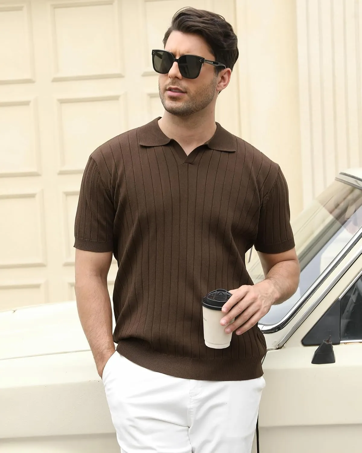 Alex Vando Mens Knit Polo Shirts Casual Short Sleeve Johnny Collar Golf Shirts