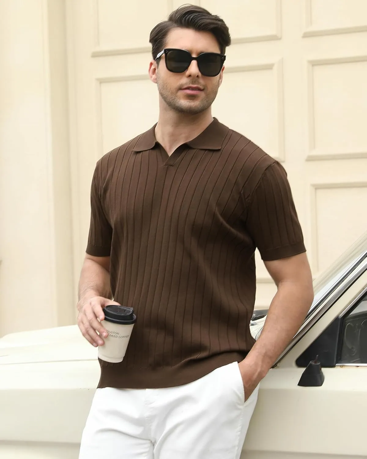 Alex Vando Mens Knit Polo Shirts Casual Short Sleeve Johnny Collar Golf Shirts