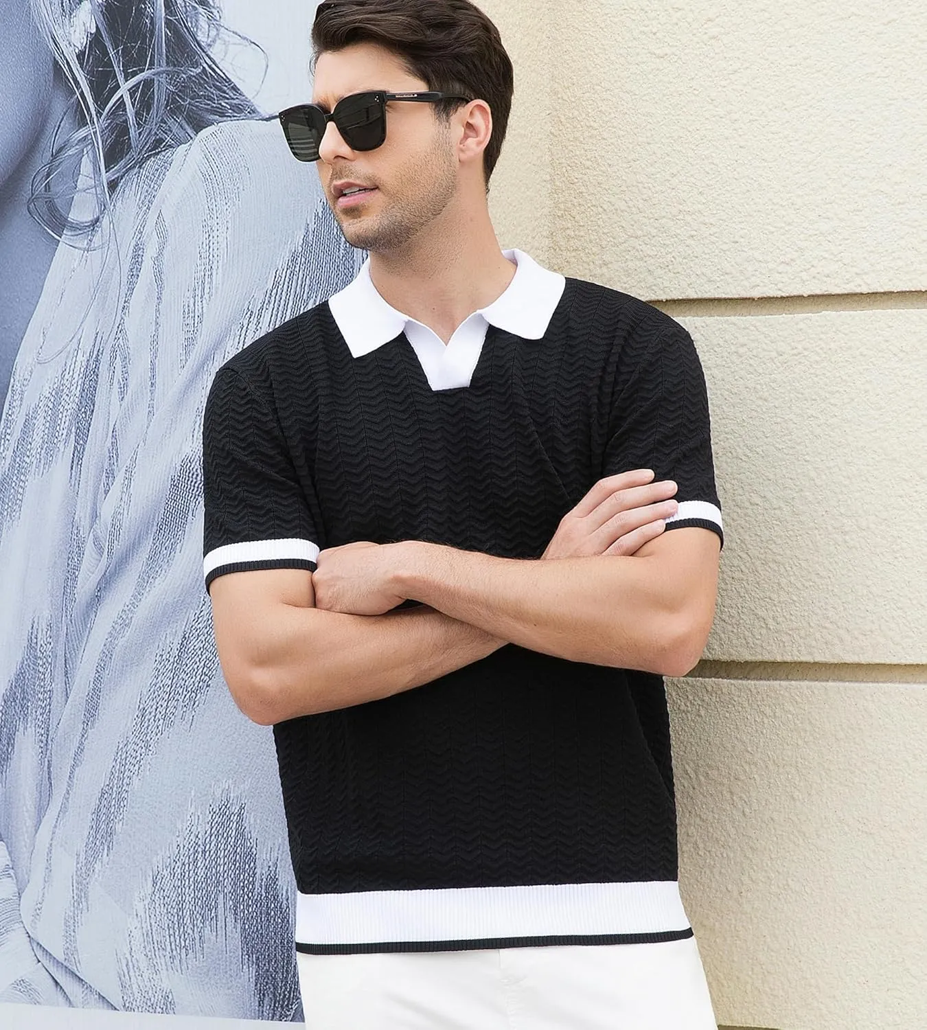 Alex Vando Mens Knit Polo Shirts Casual Short Sleeve Johnny Collar Golf Shirts