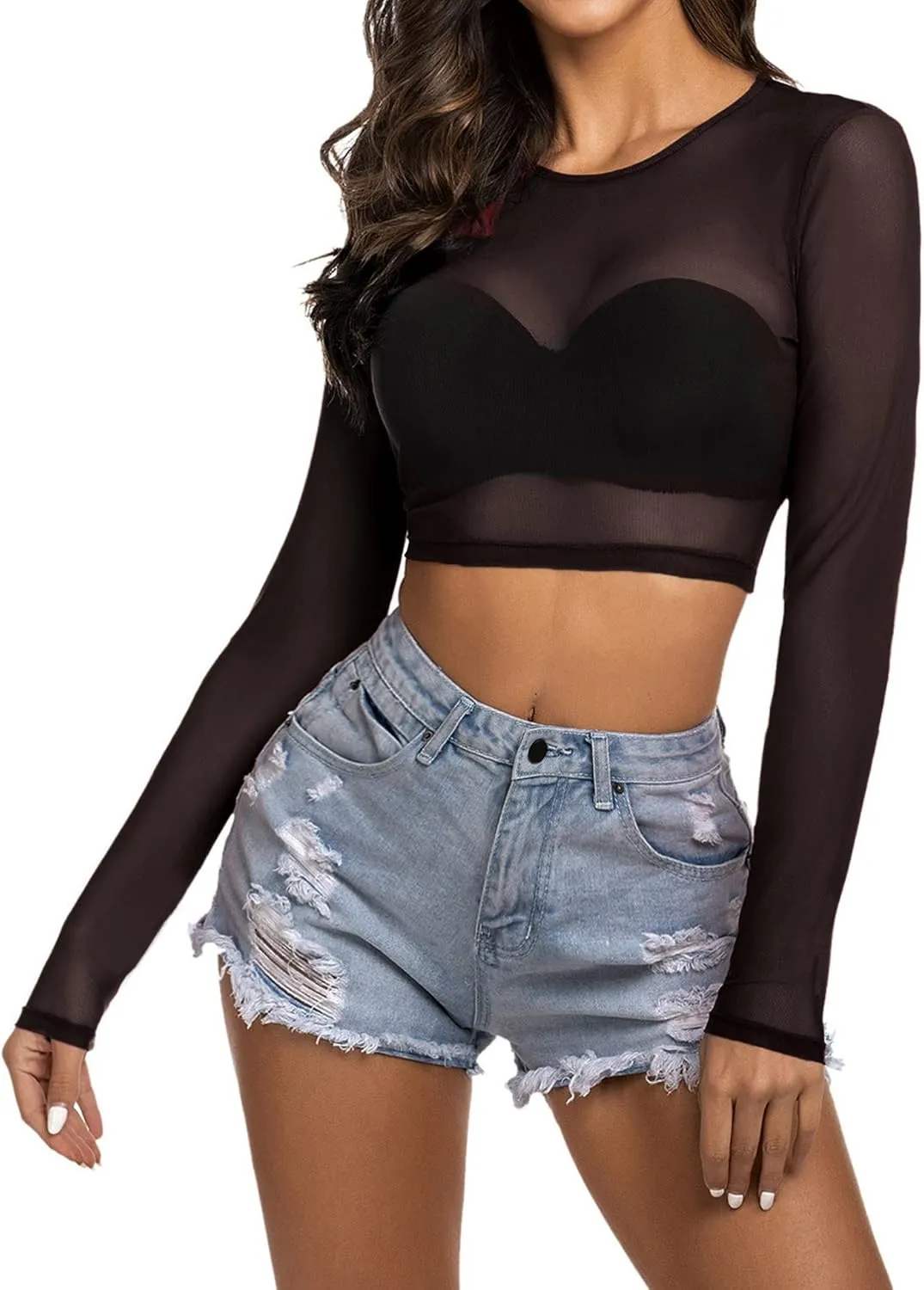 Avidlove Women Mesh Crop Top Long Sleeve See Through Shirt Sheer Blouse O Neck Clubwear S-4XL