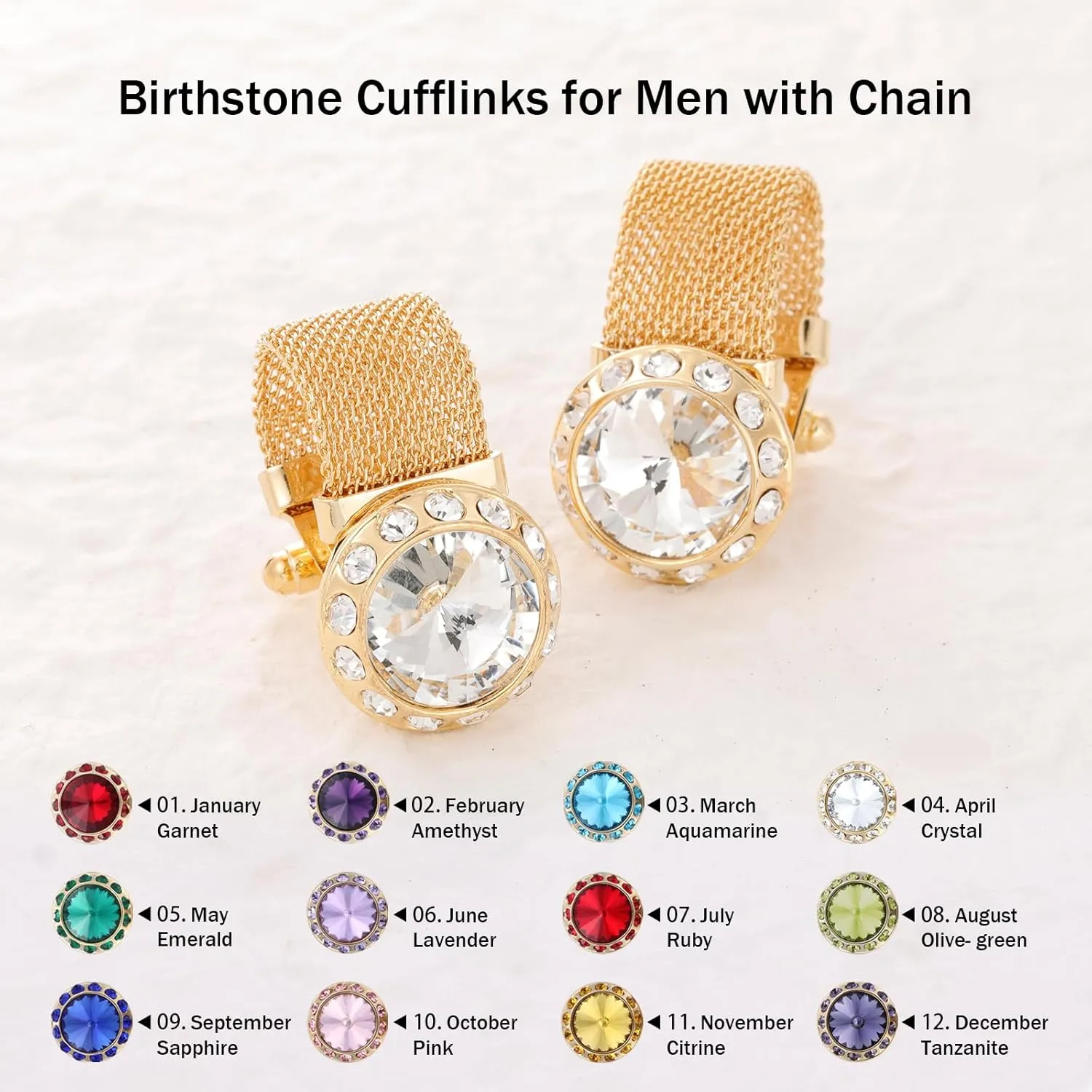 Birthstone Cuff links Mens, Shinny Gold Tone Cufflinks for Men Dress Shirts, Personalized Birthday Gifts for Men.