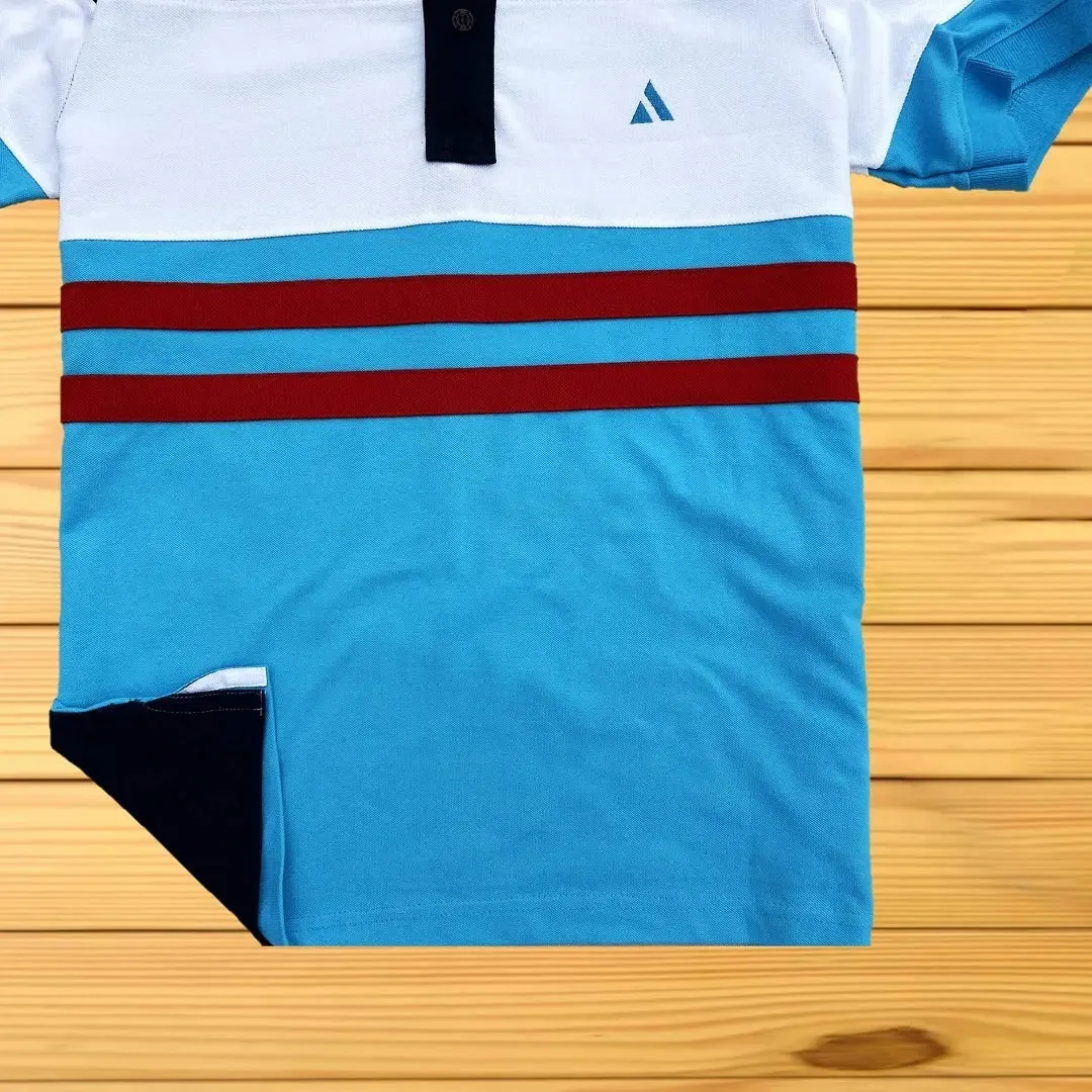 Black, White & Turquoise Blue Polo T-Shirt with Red Stripe