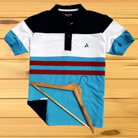 Black, White & Turquoise Blue Polo T-Shirt with Red Stripe