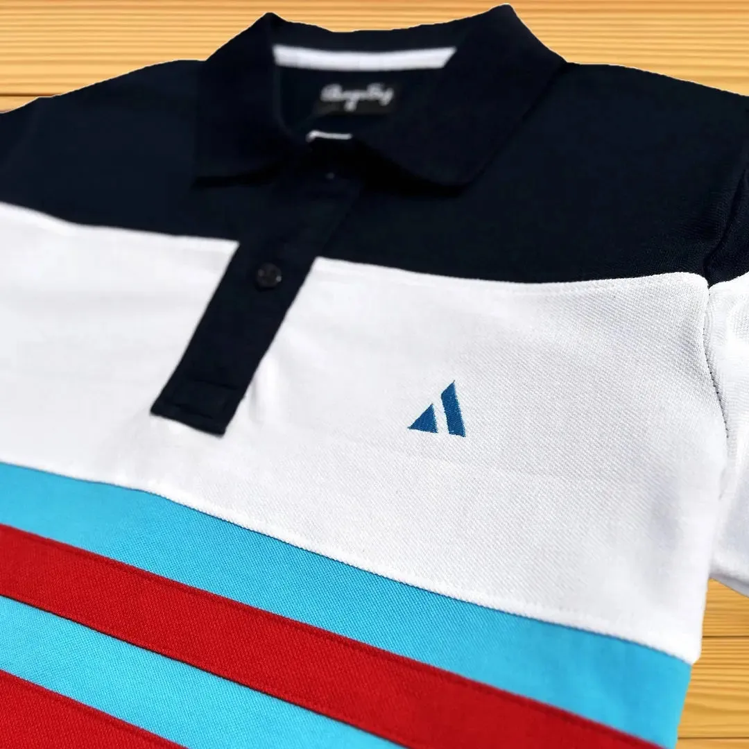 Black, White & Turquoise Blue Polo T-Shirt with Red Stripe