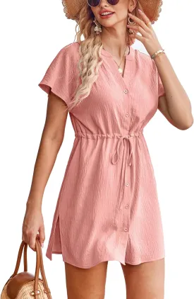 Bluetime Women Swimsuit Cover Ups Button Down Bathing Suit Coverups Beachwear Flowy V Neck Summer Dress