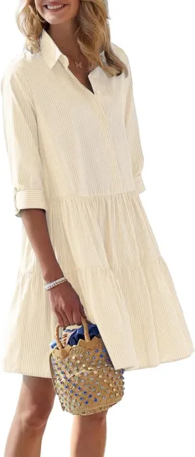 chouyatou Women's Striped Button Down Shirt Dress Loose Casual Cuffed Sleeve Tiered Mini Tunic Dress