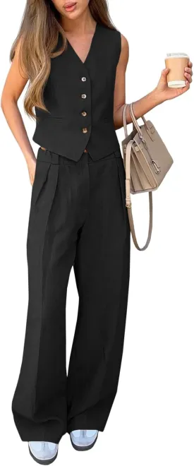 Cicy Bell Women's 2 Piece Outfits Crop Vest and Wide Leg Suit Pants Sets V Neck Blazer Suit