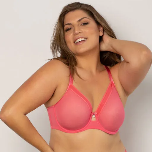 Curvy Couture Sheer Mesh Unlined Bra Sun Kissed Coral