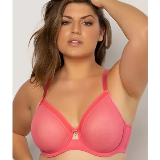 Curvy Couture Sheer Mesh Unlined Bra Sun Kissed Coral