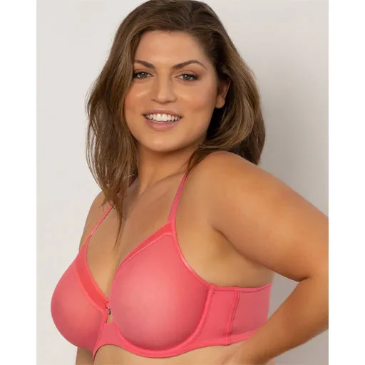 Curvy Couture Sheer Mesh Unlined Bra Sun Kissed Coral