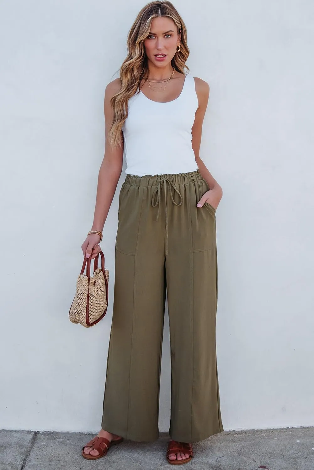 Dokotoo Women's Flowy Wide Leg Summer Pants 2025 Casual Beach Pants High Waisted Drawstring Palazzo Trousers with Pockets