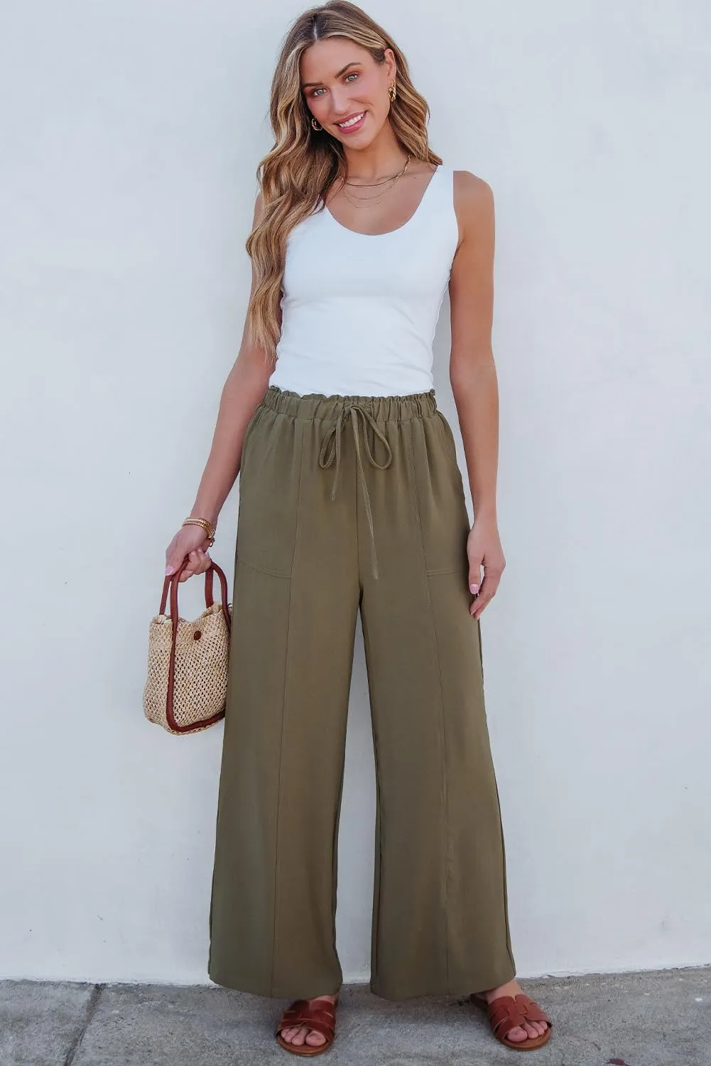 Dokotoo Women's Flowy Wide Leg Summer Pants 2025 Casual Beach Pants High Waisted Drawstring Palazzo Trousers with Pockets