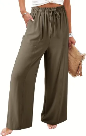 Dokotoo Women's Flowy Wide Leg Summer Pants 2025 Casual Beach Pants High Waisted Drawstring Palazzo Trousers with Pockets