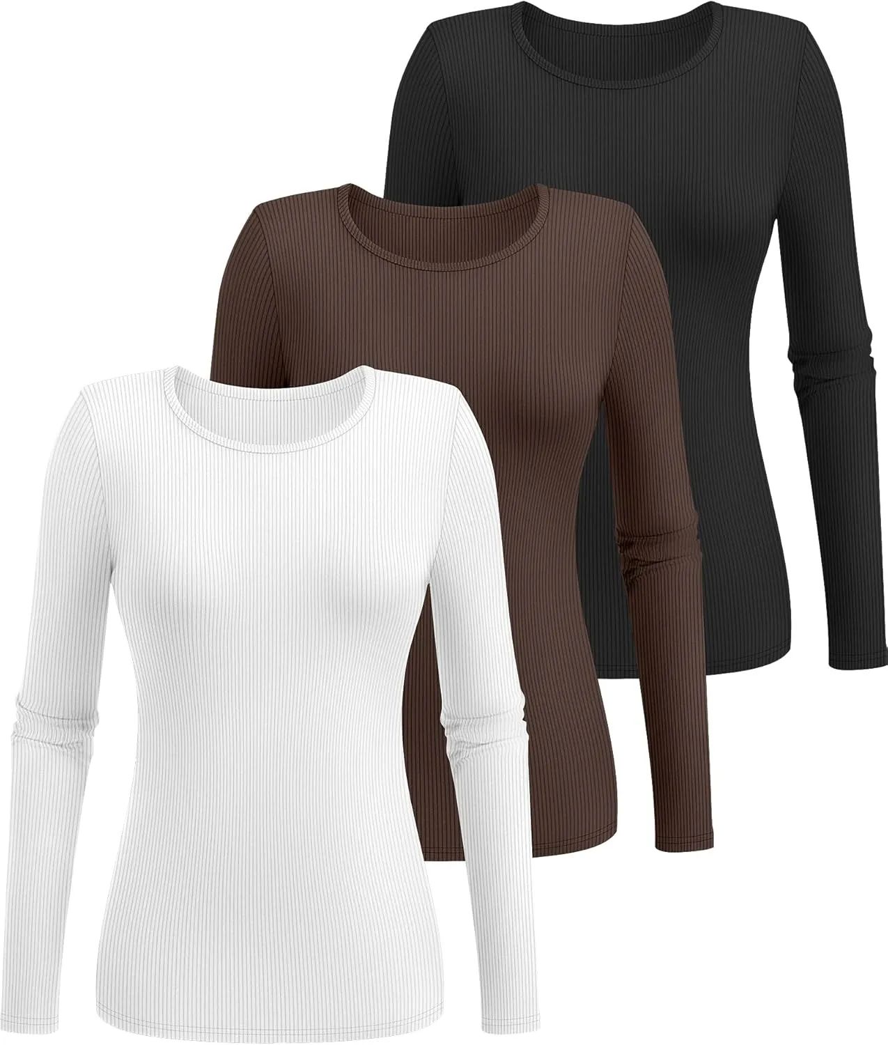 Ficerd 3 Pack Women's Long Sleeve Shirts, Crew Neck Slim Fit Tees Ribbed Knit Undershirts Casual Stretch Basic Layering Tops