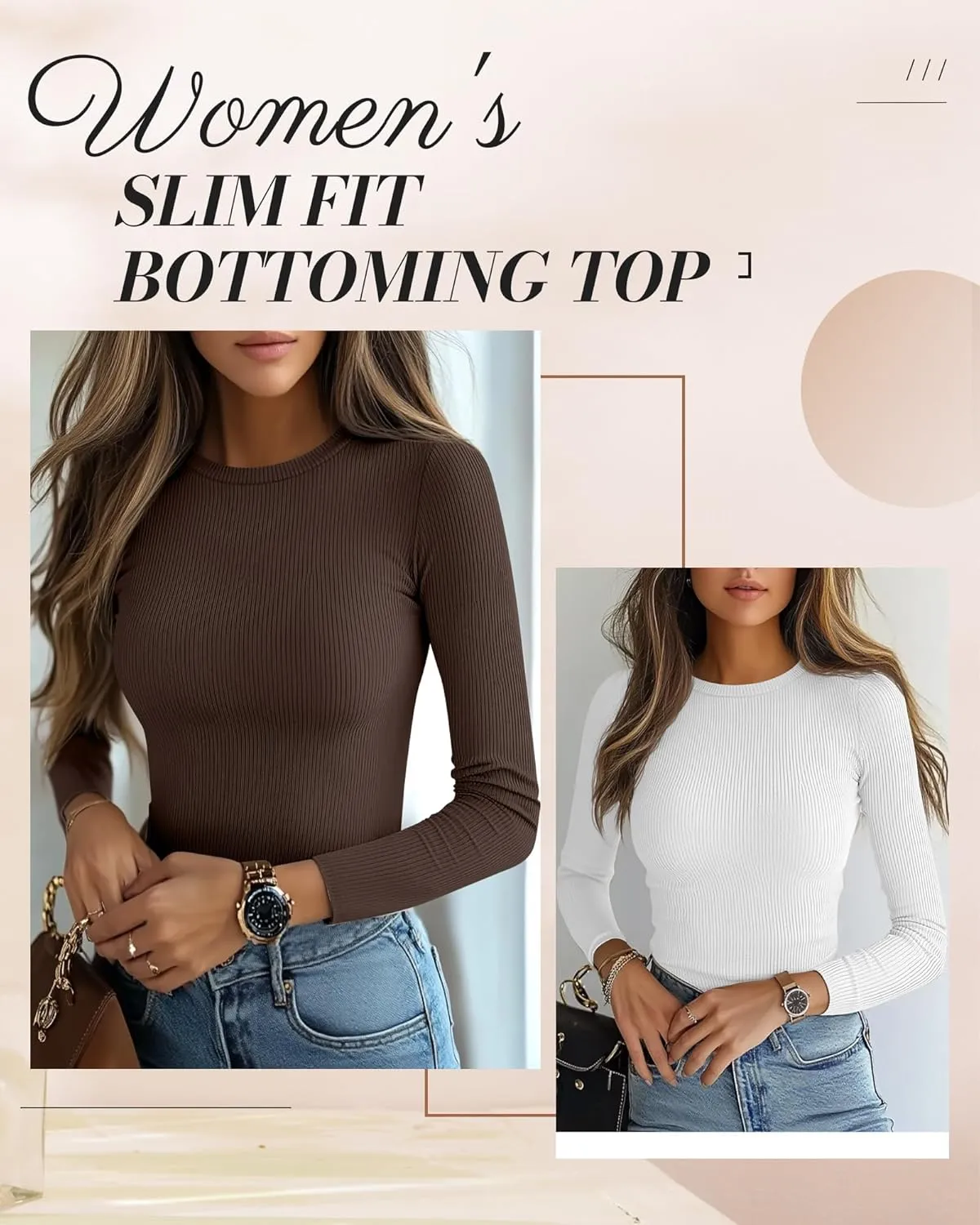 Ficerd 3 Pack Women's Long Sleeve Shirts, Crew Neck Slim Fit Tees Ribbed Knit Undershirts Casual Stretch Basic Layering Tops
