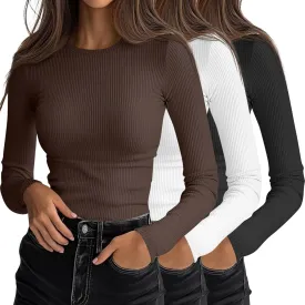 Ficerd 3 Pack Women's Long Sleeve Shirts, Crew Neck Slim Fit Tees Ribbed Knit Undershirts Casual Stretch Basic Layering Tops