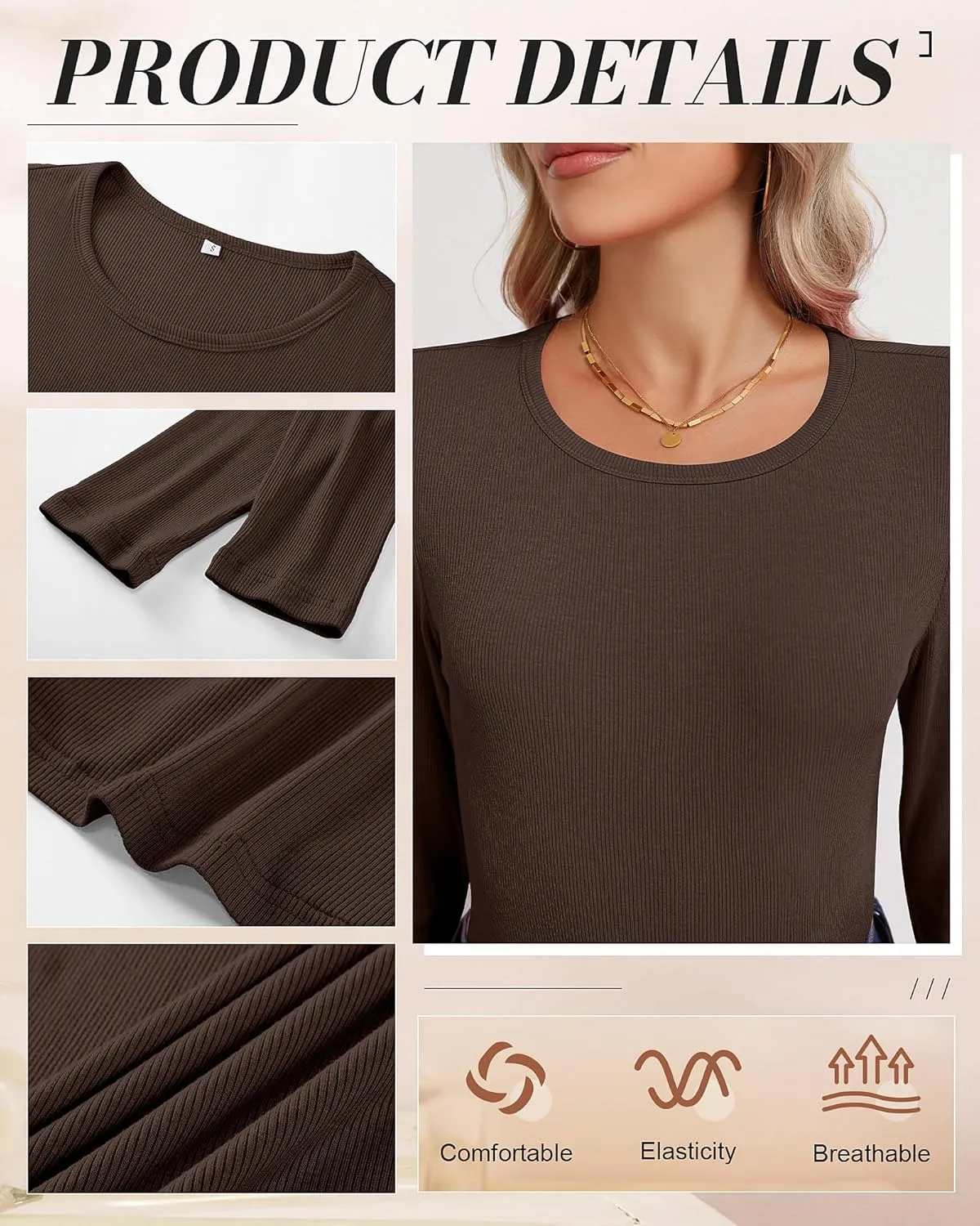 Ficerd 3 Pack Women's Long Sleeve Shirts, Crew Neck Slim Fit Tees Ribbed Knit Undershirts Casual Stretch Basic Layering Tops
