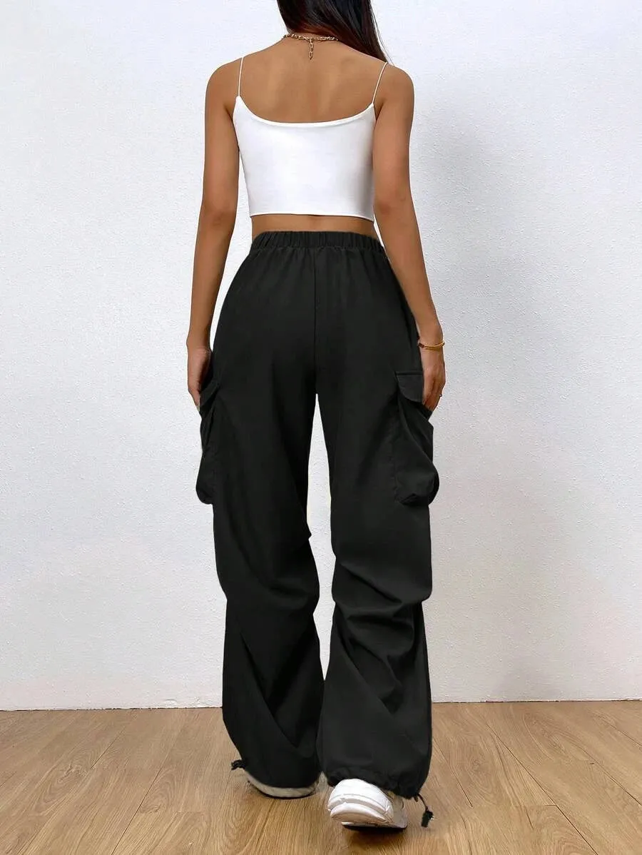 Flap Pocket Side Drawstring Hem Casual Cargo Pants