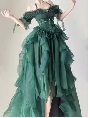 Hnzxzm Green Flower Wedding Dress Cos Lolita Dress Op Dress Lolita Heavy Industry Trail Puffy Princess Dress, Lolita Cosplay