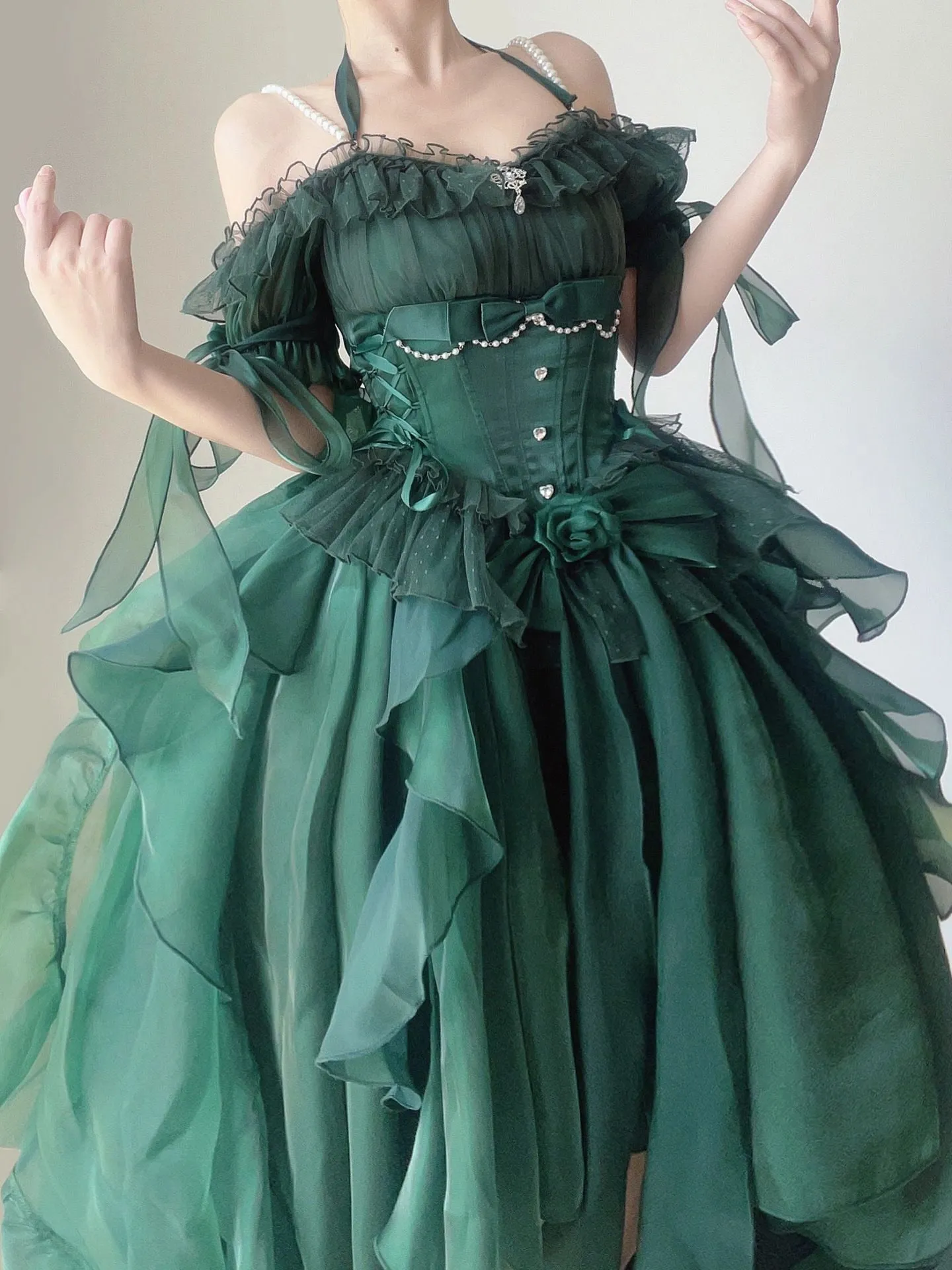 Hnzxzm Green Flower Wedding Dress Cos Lolita Dress Op Dress Lolita Heavy Industry Trail Puffy Princess Dress, Lolita Cosplay