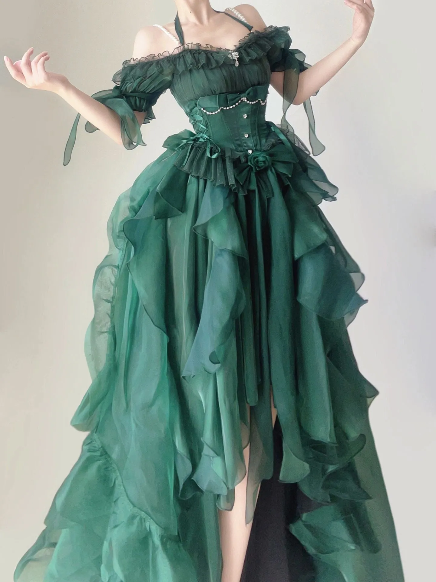 Hnzxzm Green Flower Wedding Dress Cos Lolita Dress Op Dress Lolita Heavy Industry Trail Puffy Princess Dress, Lolita Cosplay
