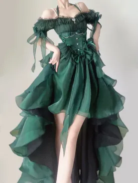 Hnzxzm Green Flower Wedding Dress Cos Lolita Dress Op Dress Lolita Heavy Industry Trail Puffy Princess Dress, Lolita Cosplay