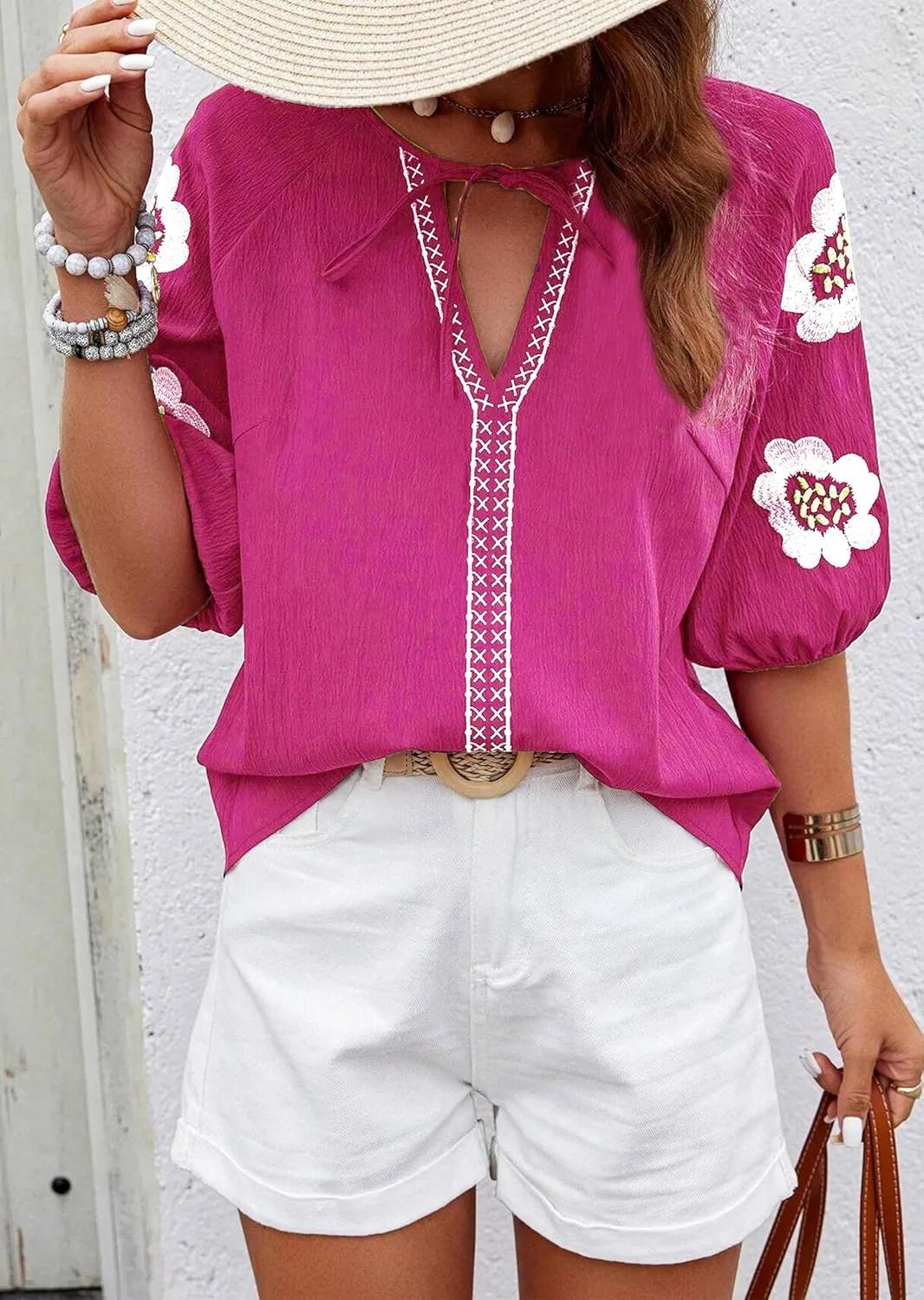 HVEPUO Summer Puff Short Sleeve Shirts for Women V Neck Boho Vacation Floral Embroidered Blouses Casual Cute Going Out Tops