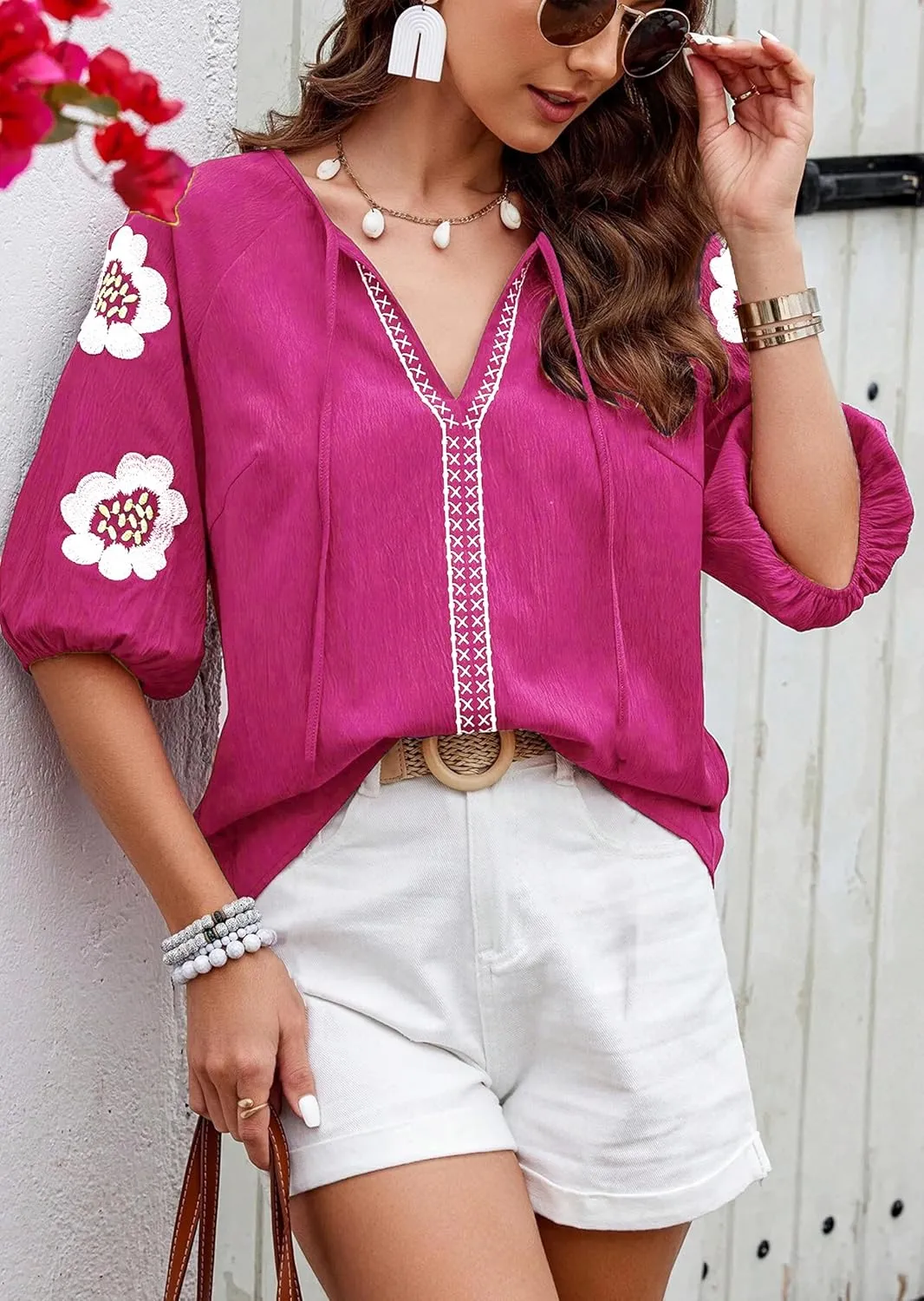 HVEPUO Summer Puff Short Sleeve Shirts for Women V Neck Boho Vacation Floral Embroidered Blouses Casual Cute Going Out Tops