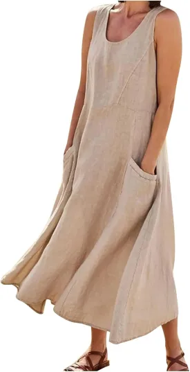 HXHYQKP Dress for Women 2024 Summer Tank Dress Sleeveless Loose Scoop Neck Long Flowy Beach Swing Sundress with Pocket