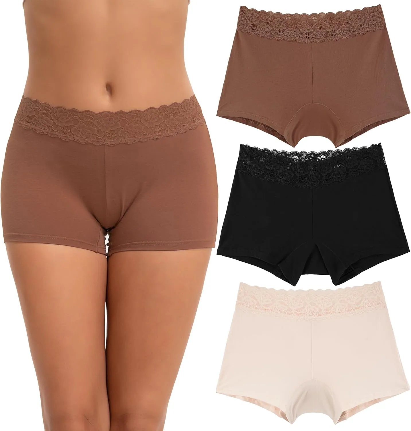 INNERSY Women's Lace Underwear Cotton Soft Boyshorts Panties Boxer Briefs 3-Pack