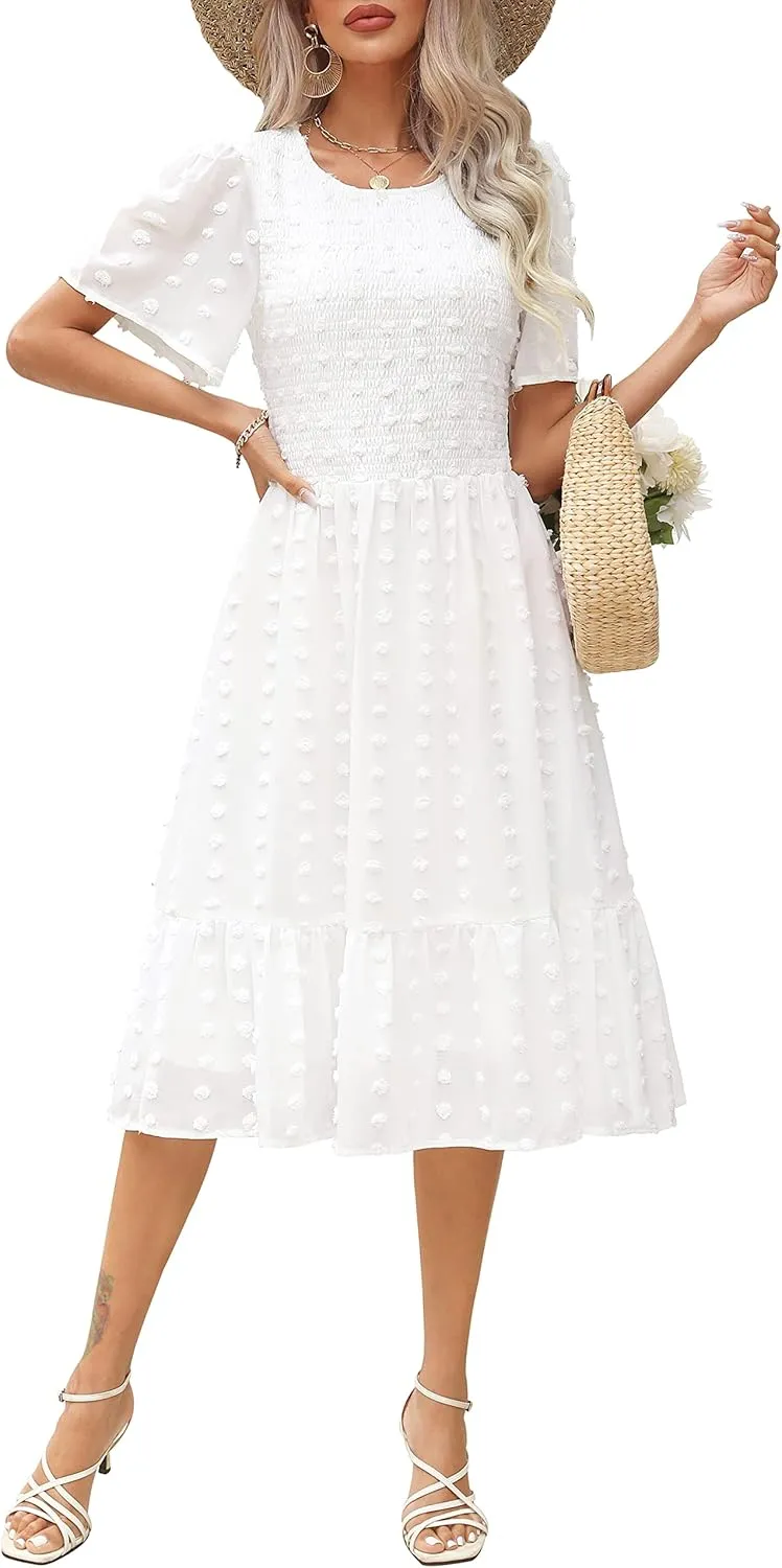 Kranda Women 2025 Summer Spring Round Neck Flutter Short Sleeve Casual Swing Flowy Ruffle Smocked Swiss Dot Midi Dress