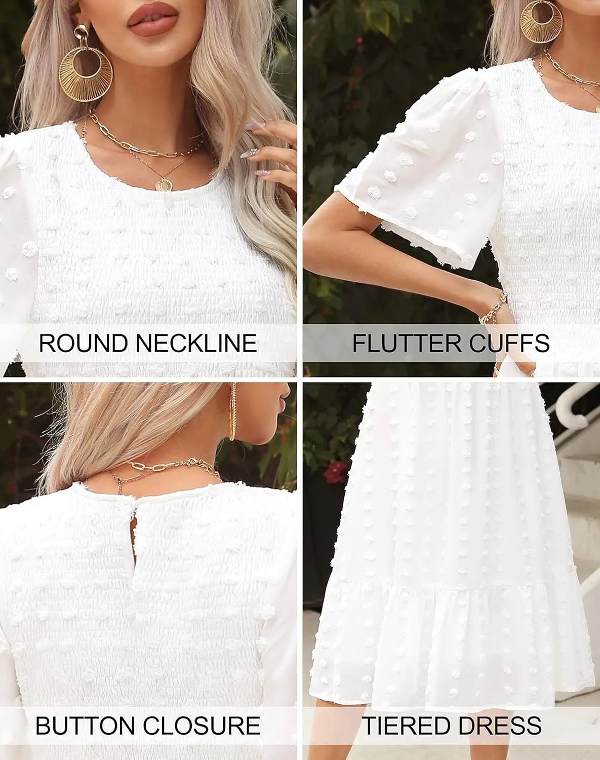 Kranda Women 2025 Summer Spring Round Neck Flutter Short Sleeve Casual Swing Flowy Ruffle Smocked Swiss Dot Midi Dress