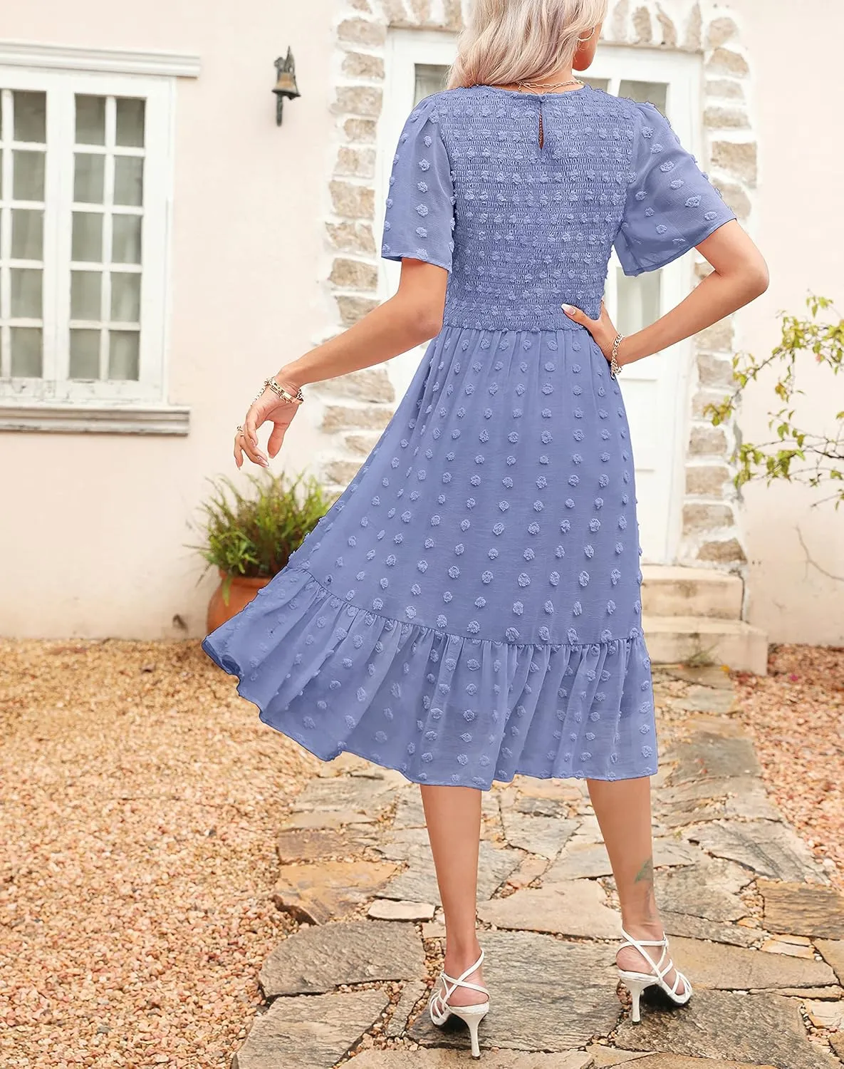 Kranda Women 2025 Summer Spring Round Neck Flutter Short Sleeve Casual Swing Flowy Ruffle Smocked Swiss Dot Midi Dress
