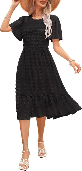 Kranda Women 2025 Summer Spring Round Neck Flutter Short Sleeve Casual Swing Flowy Ruffle Smocked Swiss Dot Midi Dress