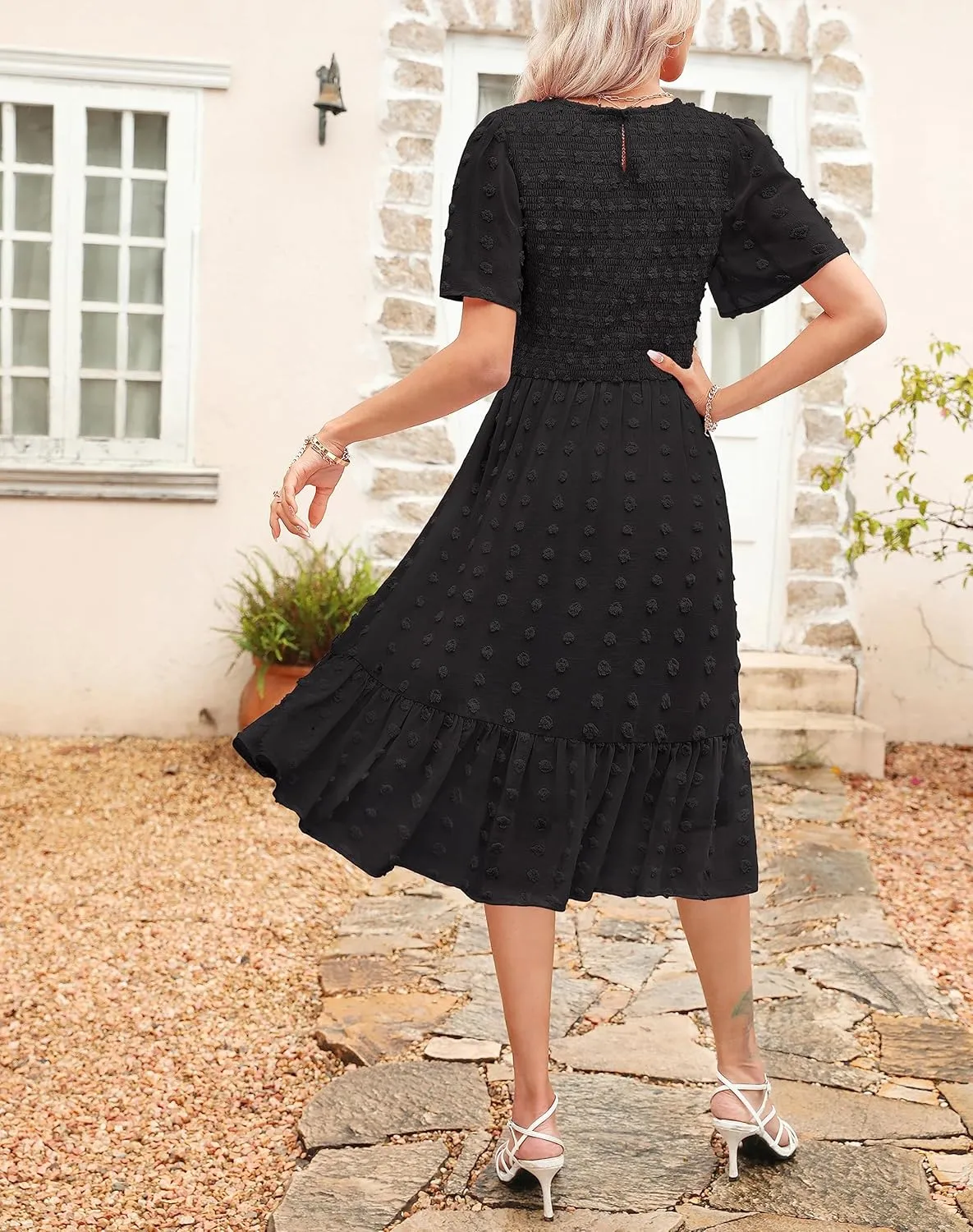 Kranda Women 2025 Summer Spring Round Neck Flutter Short Sleeve Casual Swing Flowy Ruffle Smocked Swiss Dot Midi Dress
