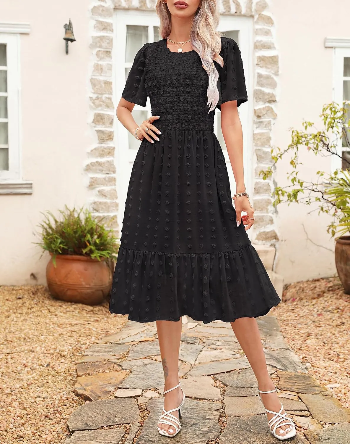 Kranda Women 2025 Summer Spring Round Neck Flutter Short Sleeve Casual Swing Flowy Ruffle Smocked Swiss Dot Midi Dress