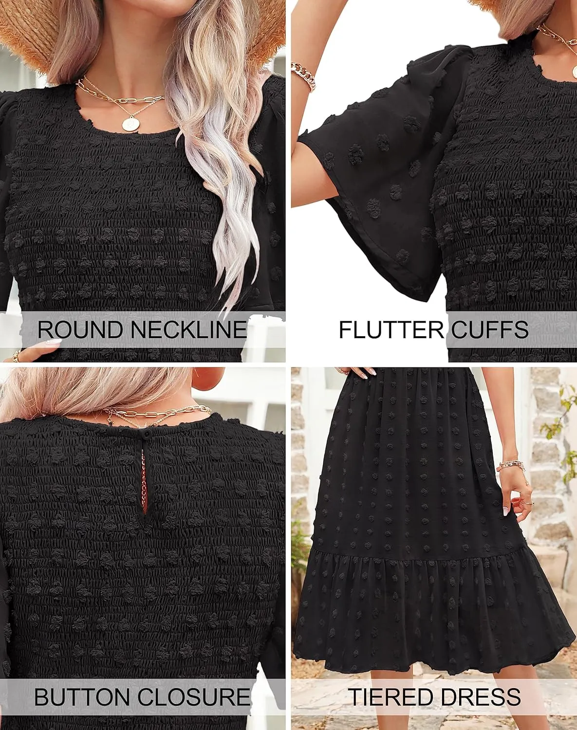 Kranda Women 2025 Summer Spring Round Neck Flutter Short Sleeve Casual Swing Flowy Ruffle Smocked Swiss Dot Midi Dress