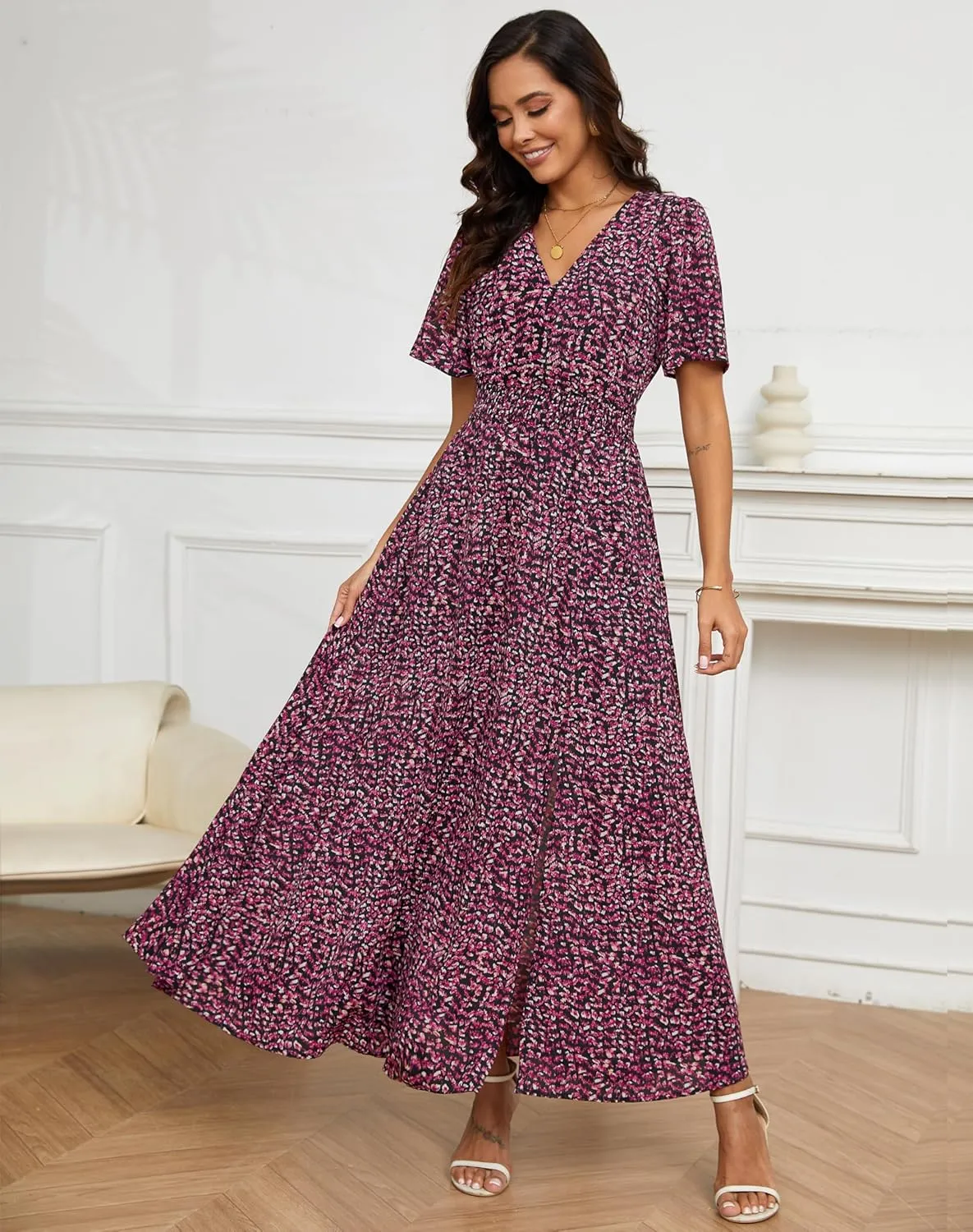 Kranda Women 2025 Summer Spring V Neck High Waist Short Sleeve Casual Long Boho Floral Swing Flowy Slit Beach Maxi Dress