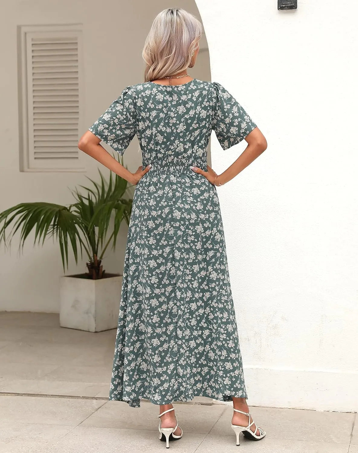 Kranda Women 2025 Summer Spring V Neck High Waist Short Sleeve Casual Long Boho Floral Swing Flowy Slit Beach Maxi Dress