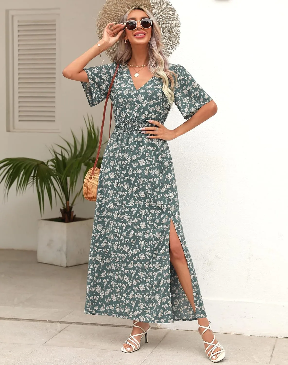 Kranda Women 2025 Summer Spring V Neck High Waist Short Sleeve Casual Long Boho Floral Swing Flowy Slit Beach Maxi Dress