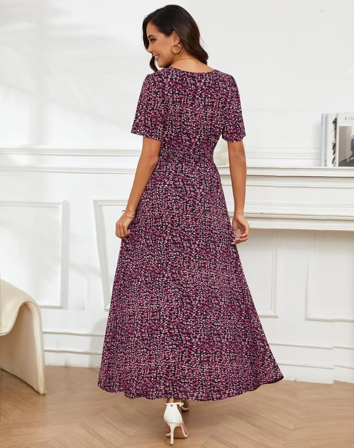 Kranda Women 2025 Summer Spring V Neck High Waist Short Sleeve Casual Long Boho Floral Swing Flowy Slit Beach Maxi Dress
