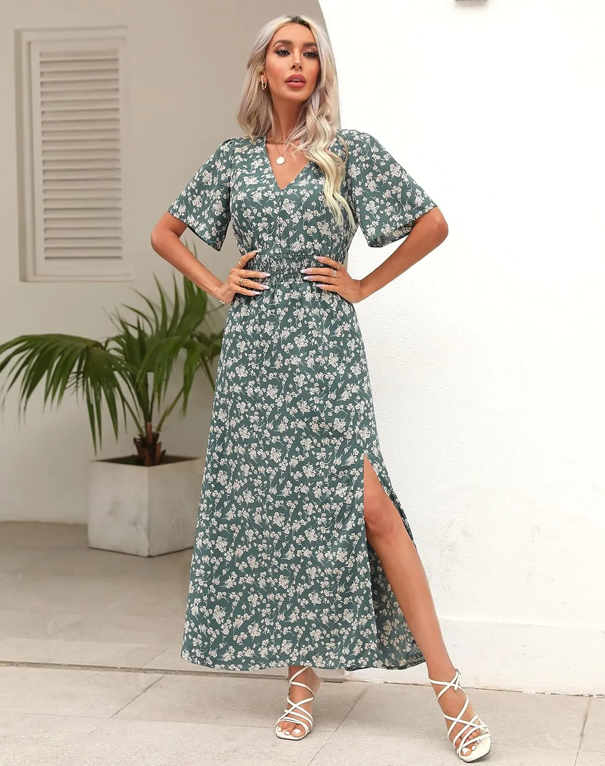 Kranda Women 2025 Summer Spring V Neck High Waist Short Sleeve Casual Long Boho Floral Swing Flowy Slit Beach Maxi Dress